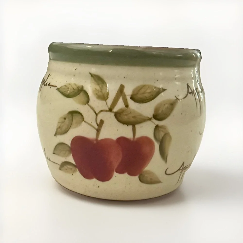 Vintage Small Apple Stoneware Crock Utensil Holder Vase 2.75